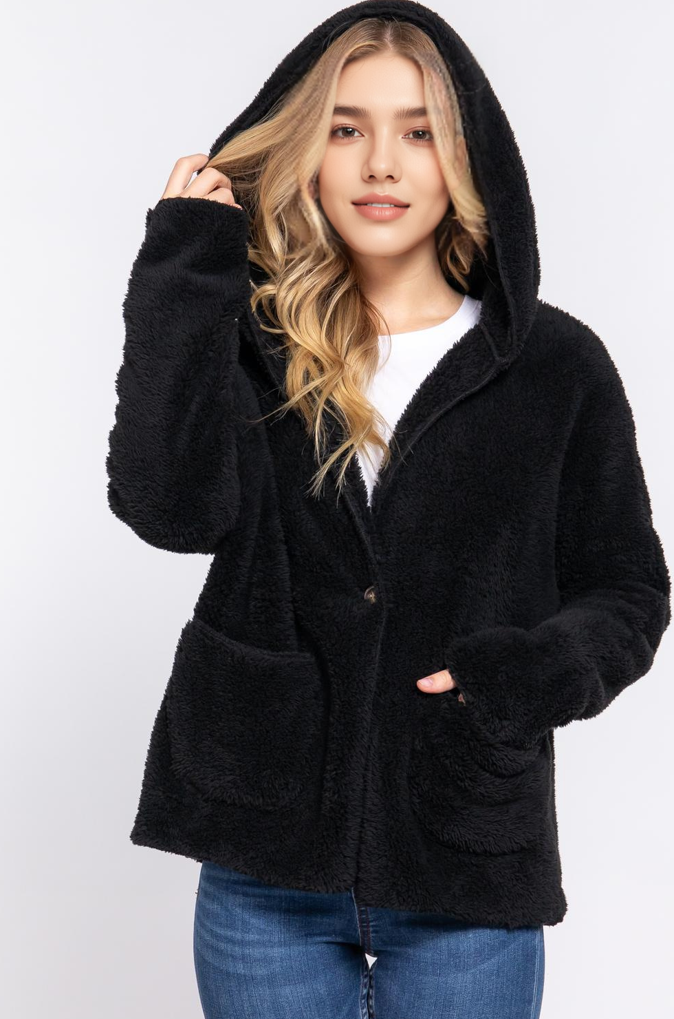 Dolman sleeve hoodie sherpa cardigan in ultra-soft 100% polyester. Warm, cozy, and relaxed fit—perfect for layering and everyday casual comfort.