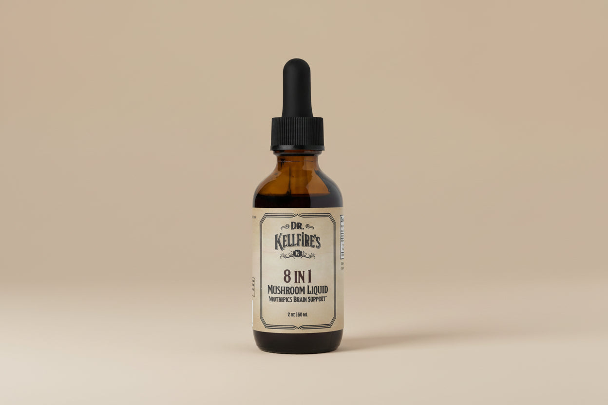 Dr. KellFire 8 Mushroom Tincture features Lion’s Mane, Reishi, Chaga, Cordyceps, and more to support balance, clarity, and daily wellness.