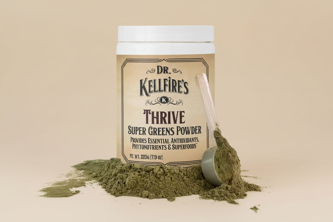Dr. KellFire Greens Superfood with adaptogens and probiotics supports gut health, immunity, and energy in a delicious berry-flavored daily greens blend.