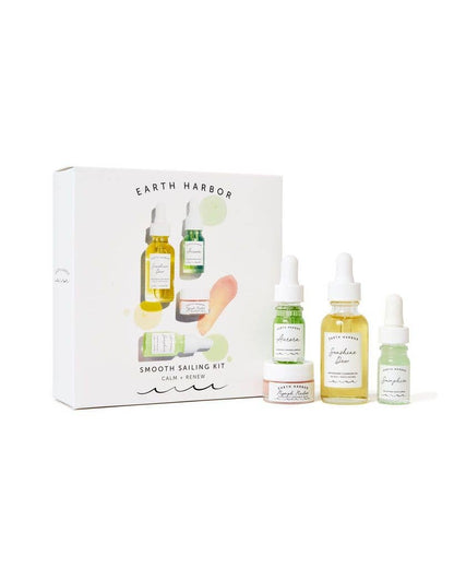 A soothing Earth Harbor mini skincare set featuring cleanser, serums, and repair balm to calm, hydrate, and renew stressed skin with customizable botanical rituals.