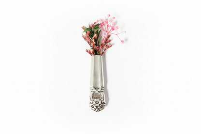 Antique silverware magnetic bud vase that sticks to fridges and metal surfaces. Holds water, one-of-a-kind vintage gift decor.