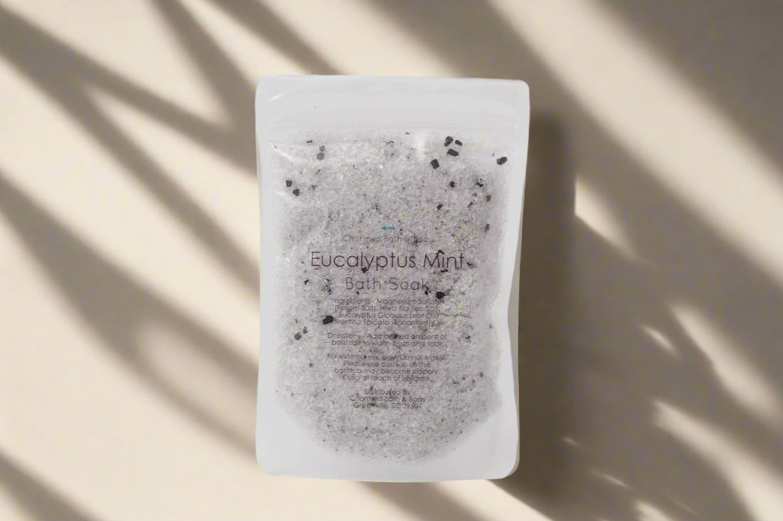 Handcrafted 5 oz botanical bath salts in heat-sealed pouches. Plant-based, aromatic blends with essential oils &amp; florals for a calming, skin-softening soak.