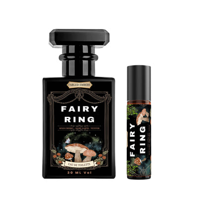 Fairy Ring Perfume blends wild cherry, mushroom, damp earth, vetiver, and fir for a magical cottagecore woodland scent. Unique, earthy, sweet, and enchanting.