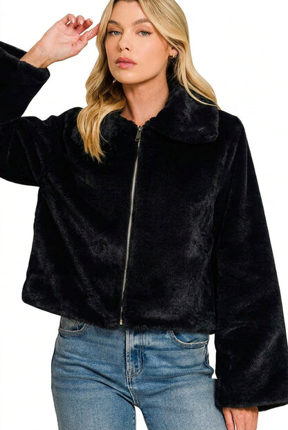 Wrap yourself in cozy elegance with our cropped Faux Fur Jacket with pockets. A plush, versatile layer for everyday outfits, romantic evenings, and seasonal style.