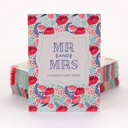 Love Grows Here — Flanders Poppy wedding seed favor packets with A1 envelopes. Romantic plantable favors that bloom into vibrant red poppies — perfect for weddings and garden gifts.