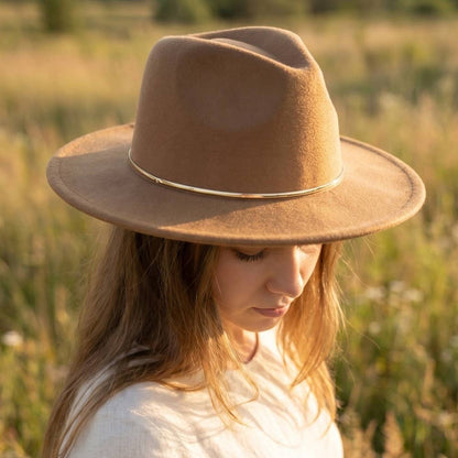 Flat brim fedora hat with herringbone chain detail and structured silhouette. A chic modern accessory perfect for elevated everyday, boho, and western-inspired style.