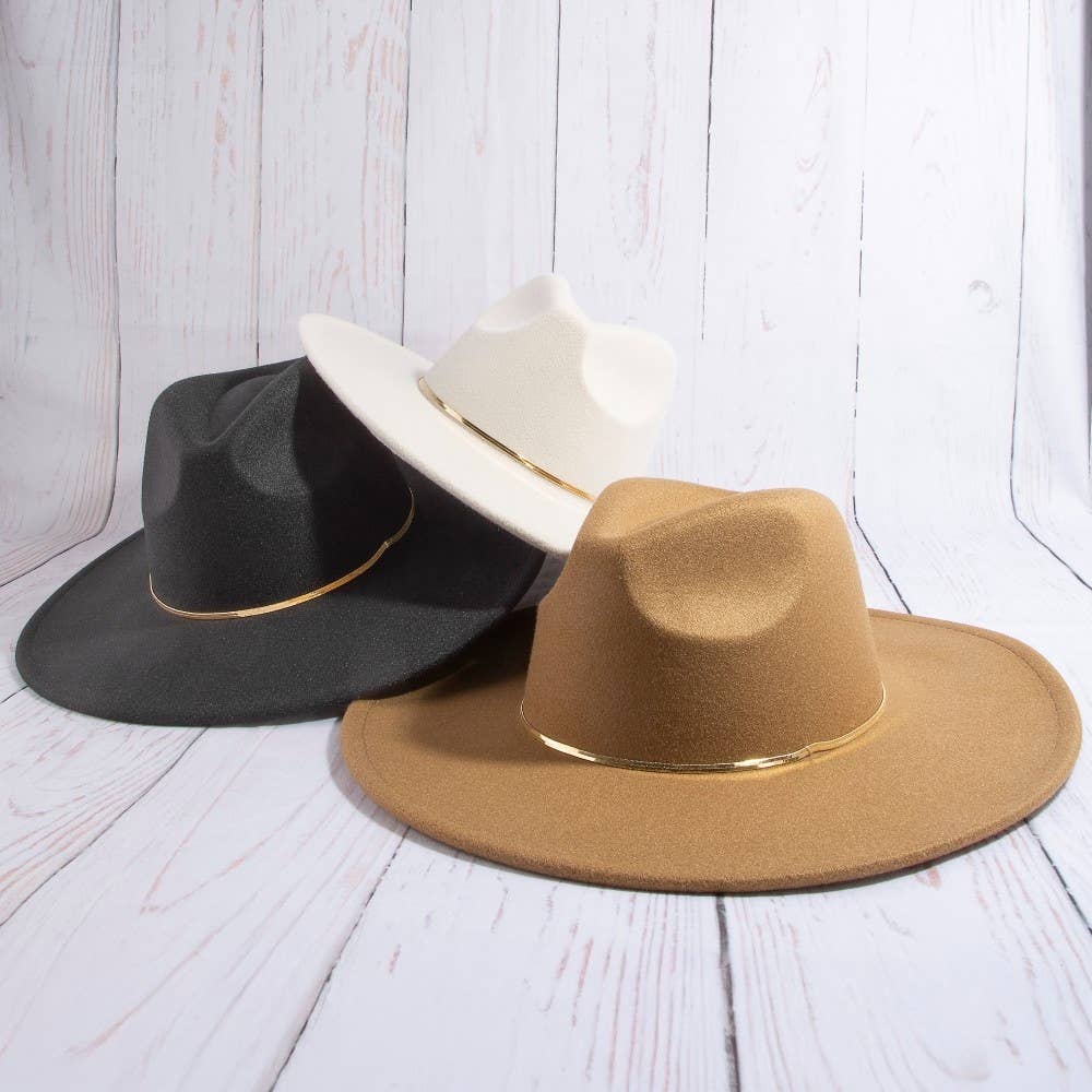 Flat brim fedora hat with herringbone chain detail and structured silhouette. A chic modern accessory perfect for elevated everyday, boho, and western-inspired style.