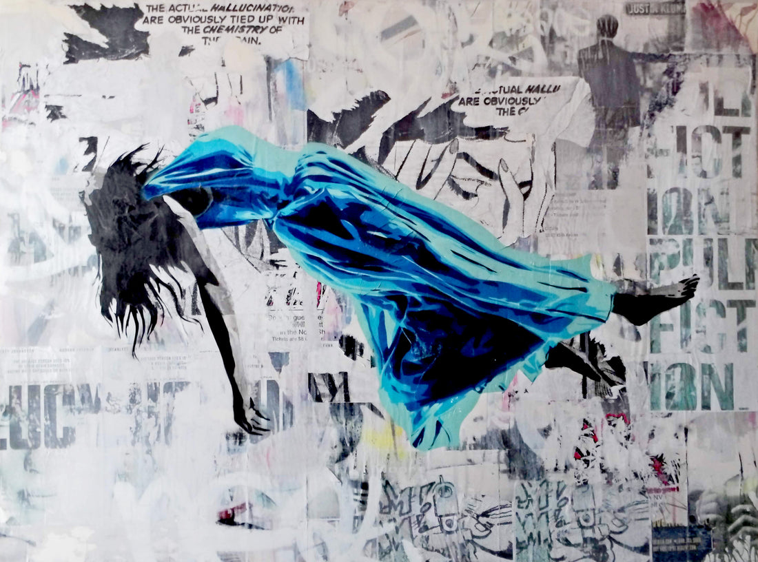 Float 5 is a 36"x48" mixed media artwork blending surrealism and street art. Featuring a figure floating mid-air in a blue gown against a gritty urban backdrop, it explores themes of escape and transcendence. Perfect for modern spaces, this visually striking piece adds depth and intrigue, pairing beautifully with a Palm.