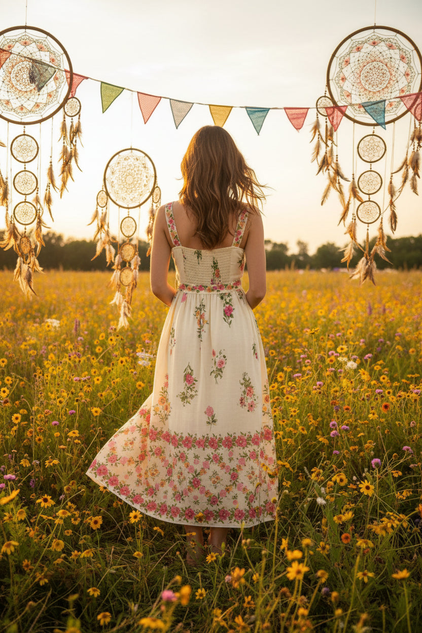 Romantic floral border print midi dress with scalloped neckline, waist tie, and flowing silhouette. Feminine, vintage-inspired, and effortlessly elegant.