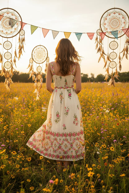 Romantic floral border print midi dress with scalloped neckline, waist tie, and flowing silhouette. Feminine, vintage-inspired, and effortlessly elegant.