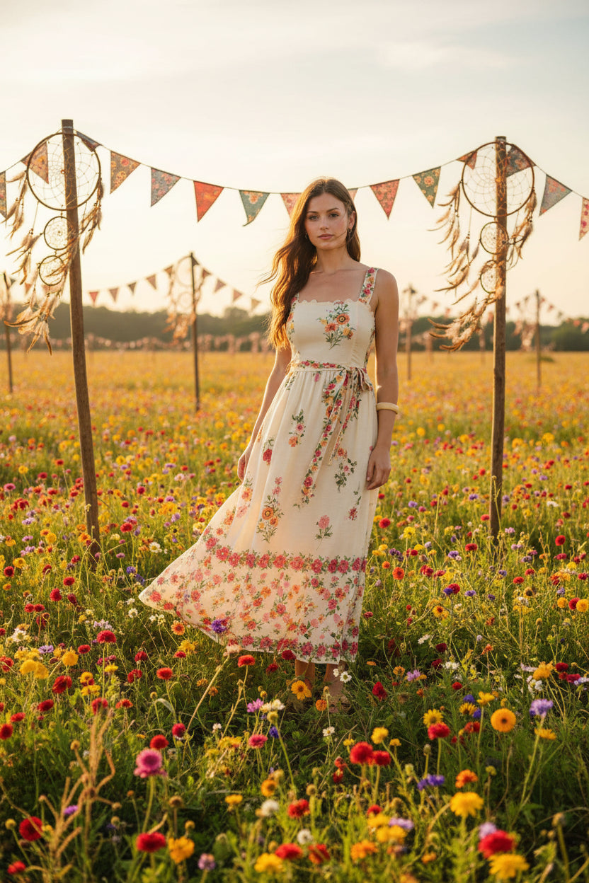 Romantic floral border print midi dress with scalloped neckline, waist tie, and flowing silhouette. Feminine, vintage-inspired, and effortlessly elegant.