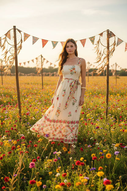 Romantic floral border print midi dress with scalloped neckline, waist tie, and flowing silhouette. Feminine, vintage-inspired, and effortlessly elegant.