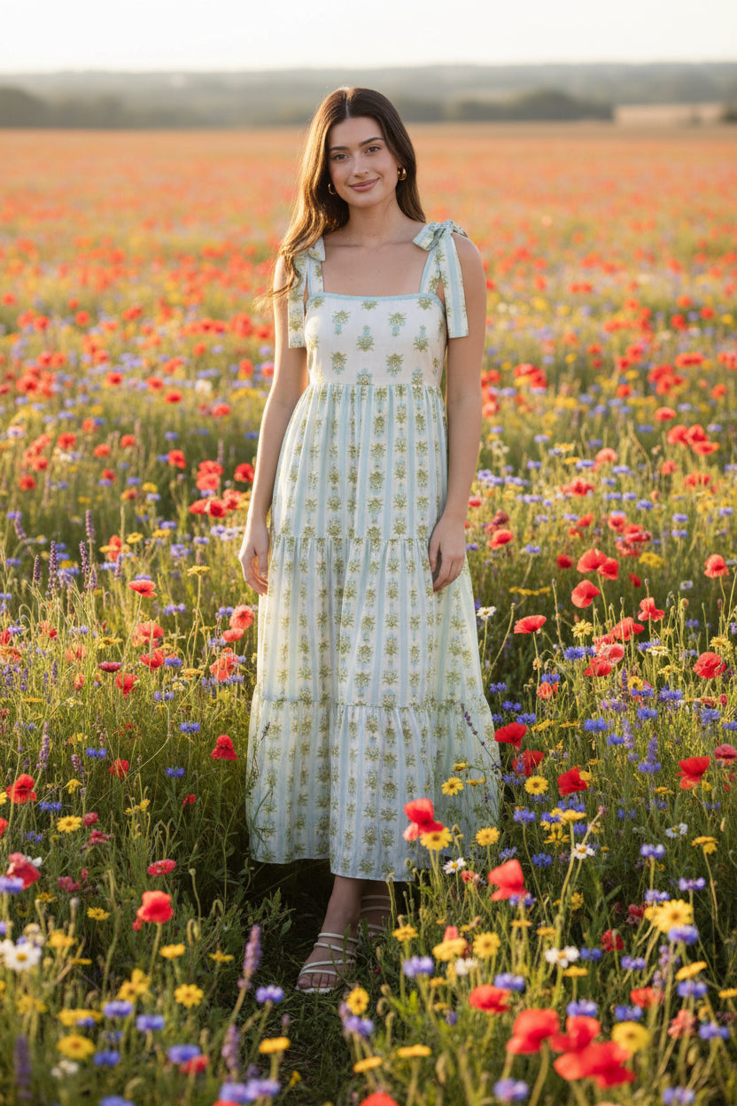 Romantic floral stripe midi dress with tie straps, square neckline, smocked back, and tiered ruffle details. Soft, feminine, and effortlessly elegant.