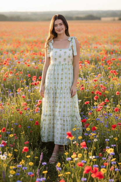 Romantic floral stripe midi dress with tie straps, square neckline, smocked back, and tiered ruffle details. Soft, feminine, and effortlessly elegant.