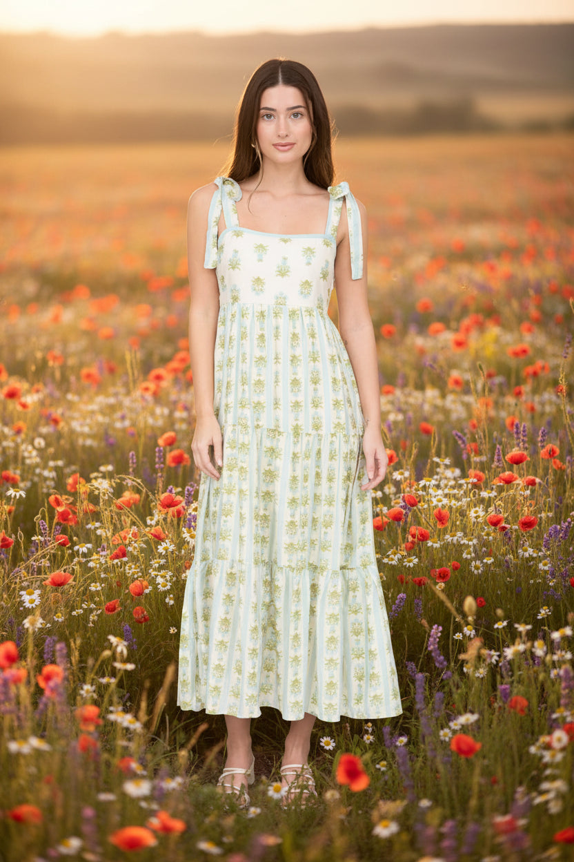 Romantic floral stripe midi dress with tie straps, square neckline, smocked back, and tiered ruffle details. Soft, feminine, and effortlessly elegant.
