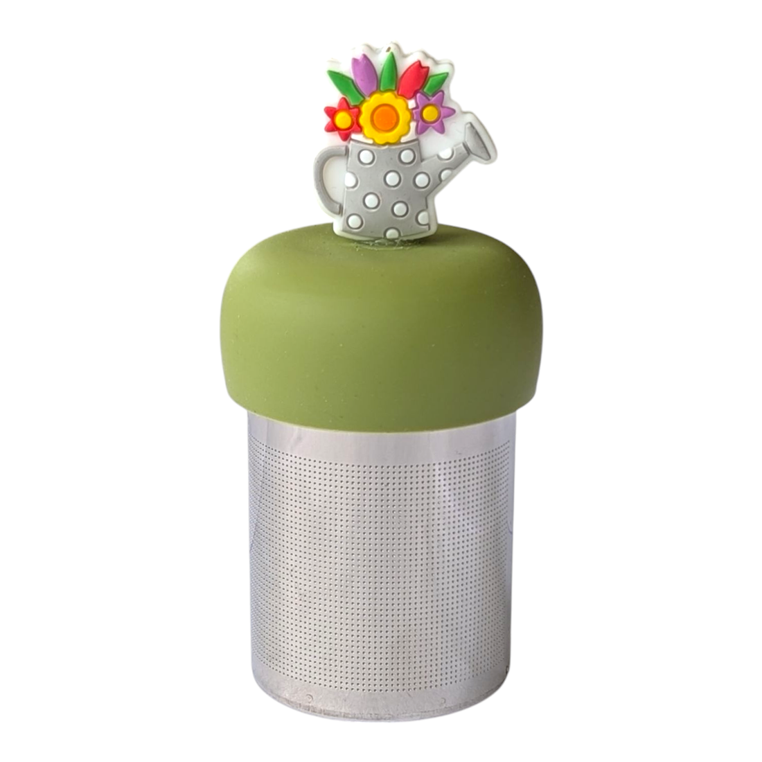 Floral watering can tea infuser with silicone and stainless steel mesh. Reusable, cute, and perfect for loose leaf tea lovers. Fits most mugs.