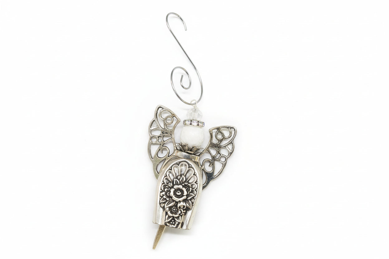 Vintage silverware angel bell with soft chime—handcrafted ornament symbolizing “an angel gets its wings,” perfect for gifts, décor, and meaningful keepsakes.