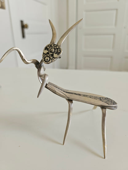Handcrafted 5&quot; x 4&quot; praying mantis sculpture made from vintage silverware. Unique, whimsical art with gemstone accents and aged patina for mindful décor.