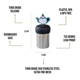 Spilling the Tea floating tea infuser with stainless-steel mesh and silicone top. Cute, reusable, dishwasher-safe steeper for loose-leaf tea lovers.