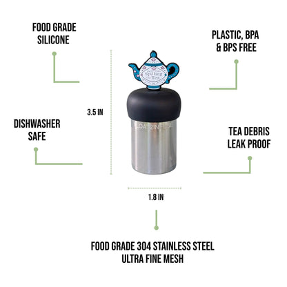 Spilling the Tea floating tea infuser with stainless-steel mesh and silicone top. Cute, reusable, dishwasher-safe steeper for loose-leaf tea lovers.