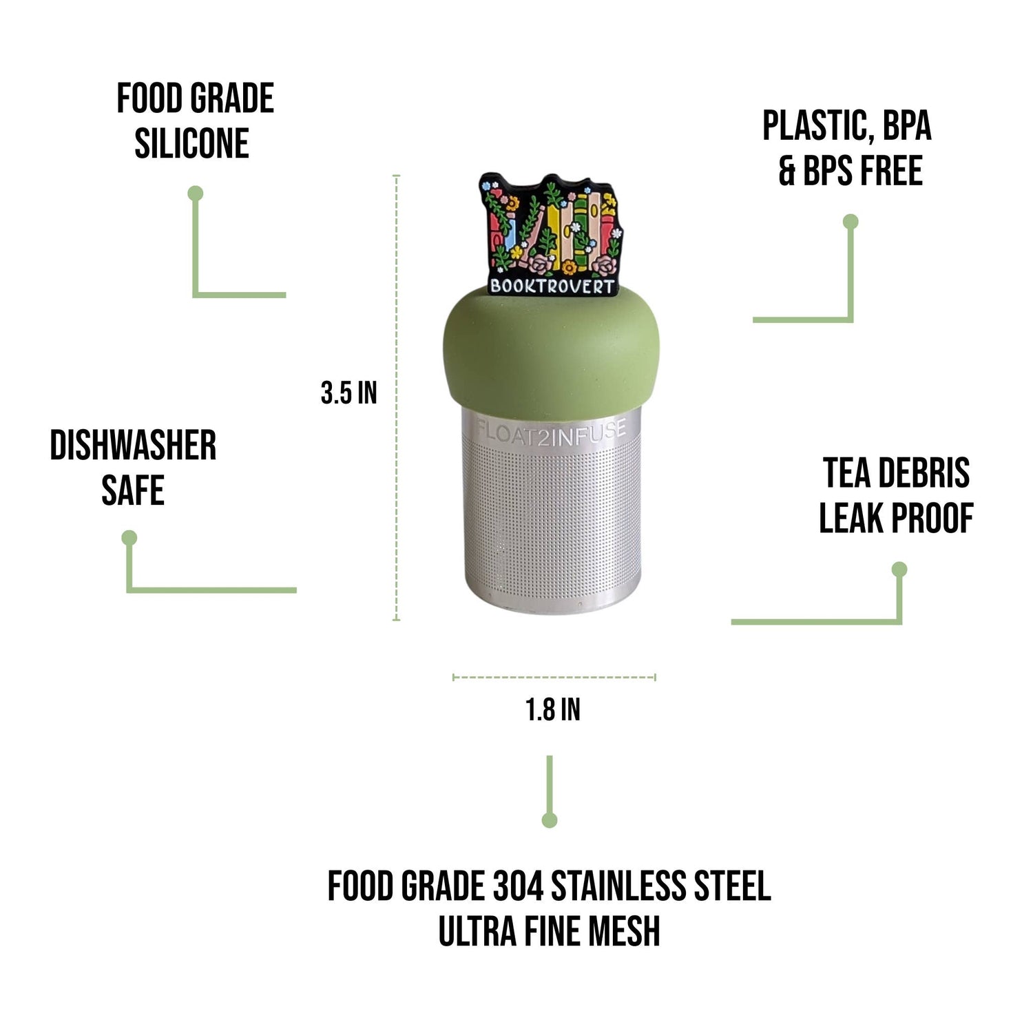 Booktrovert floating tea infuser with stainless-steel mesh and silicone top. Cute, reusable, dishwasher-safe steeper perfect for book lovers and loose-leaf tea.