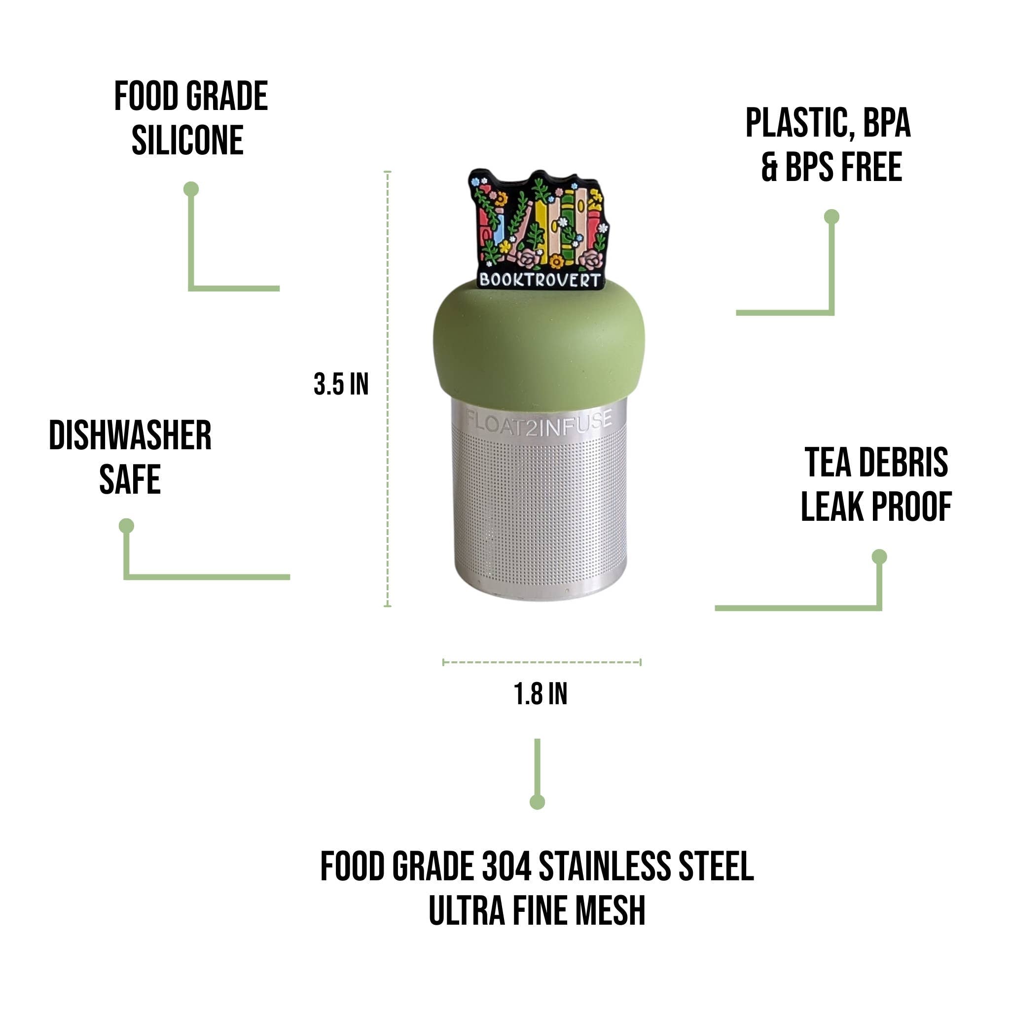 Booktrovert floating tea infuser with stainless-steel mesh and silicone top. Cute, reusable, dishwasher-safe steeper perfect for book lovers and loose-leaf tea.