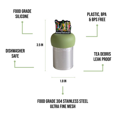 Booktrovert floating tea infuser with stainless-steel mesh and silicone top. Cute, reusable, dishwasher-safe steeper perfect for book lovers and loose-leaf tea.