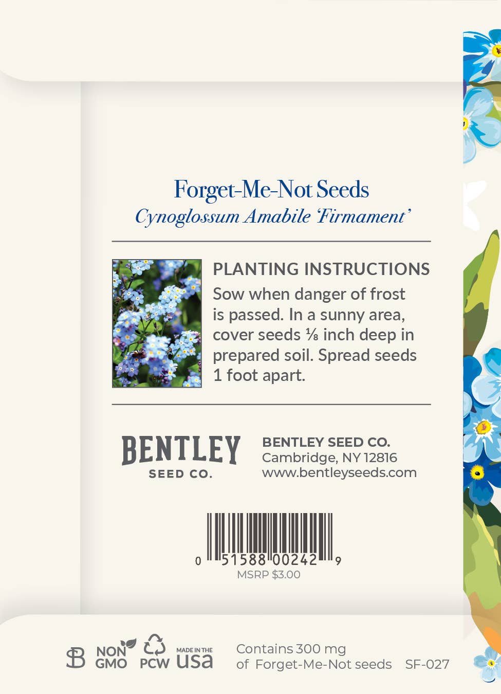 Forget-me-not flower seed packets with classic floral design. Easy-to-grow biennial blooms for memorials, favors, and meaningful garden reminders