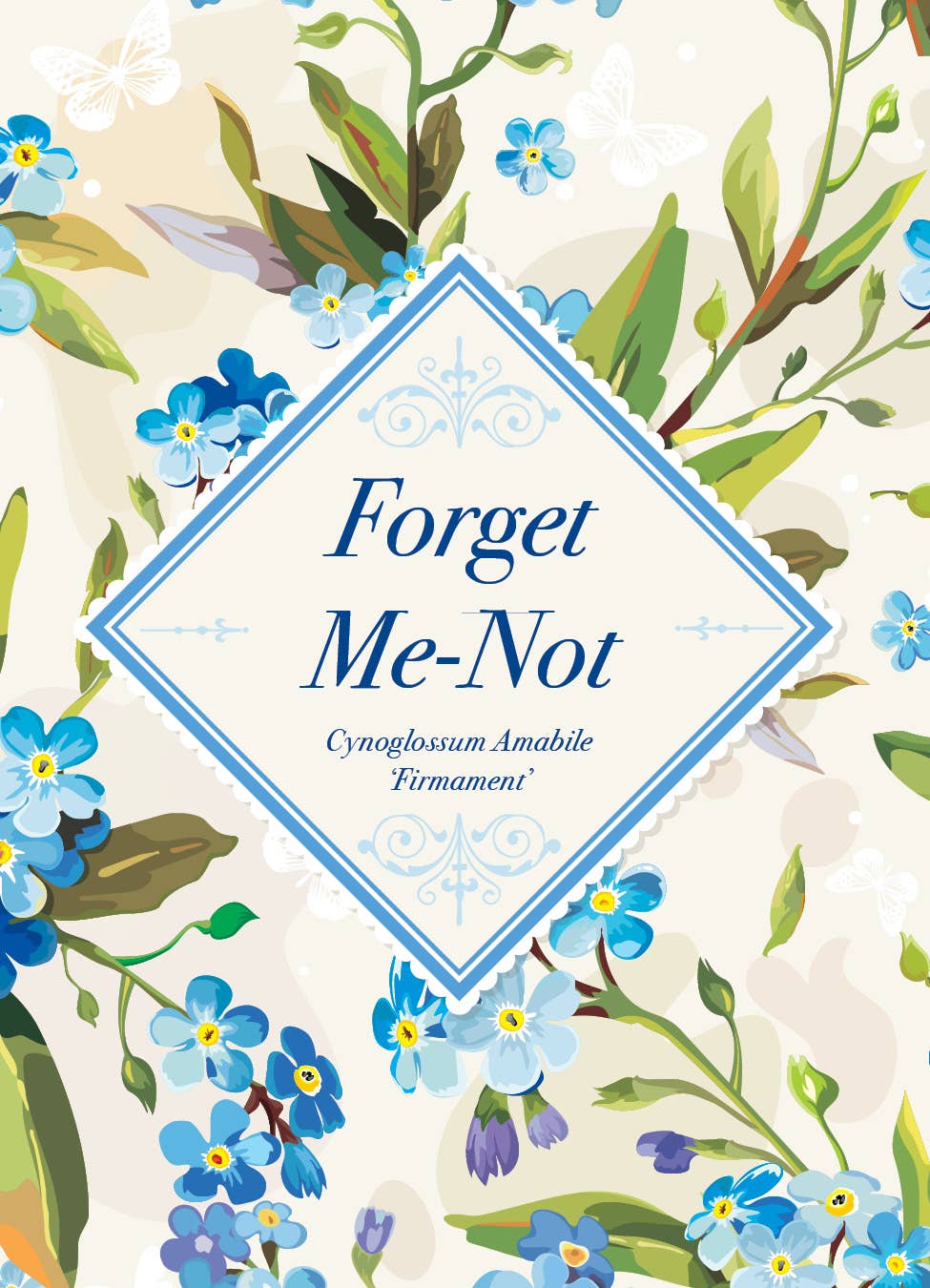 Forget-me-not flower seed packets with classic floral design. Easy-to-grow biennial blooms for memorials, favors, and meaningful garden reminders