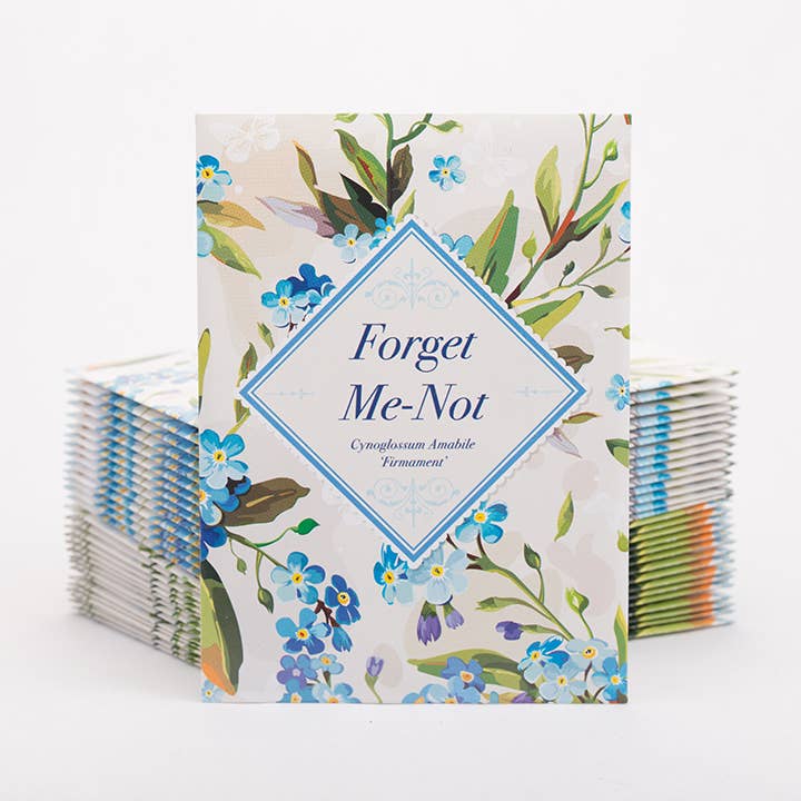Forget-me-not flower seed packets with classic floral design. Easy-to-grow biennial blooms for memorials, favors, and meaningful garden reminders