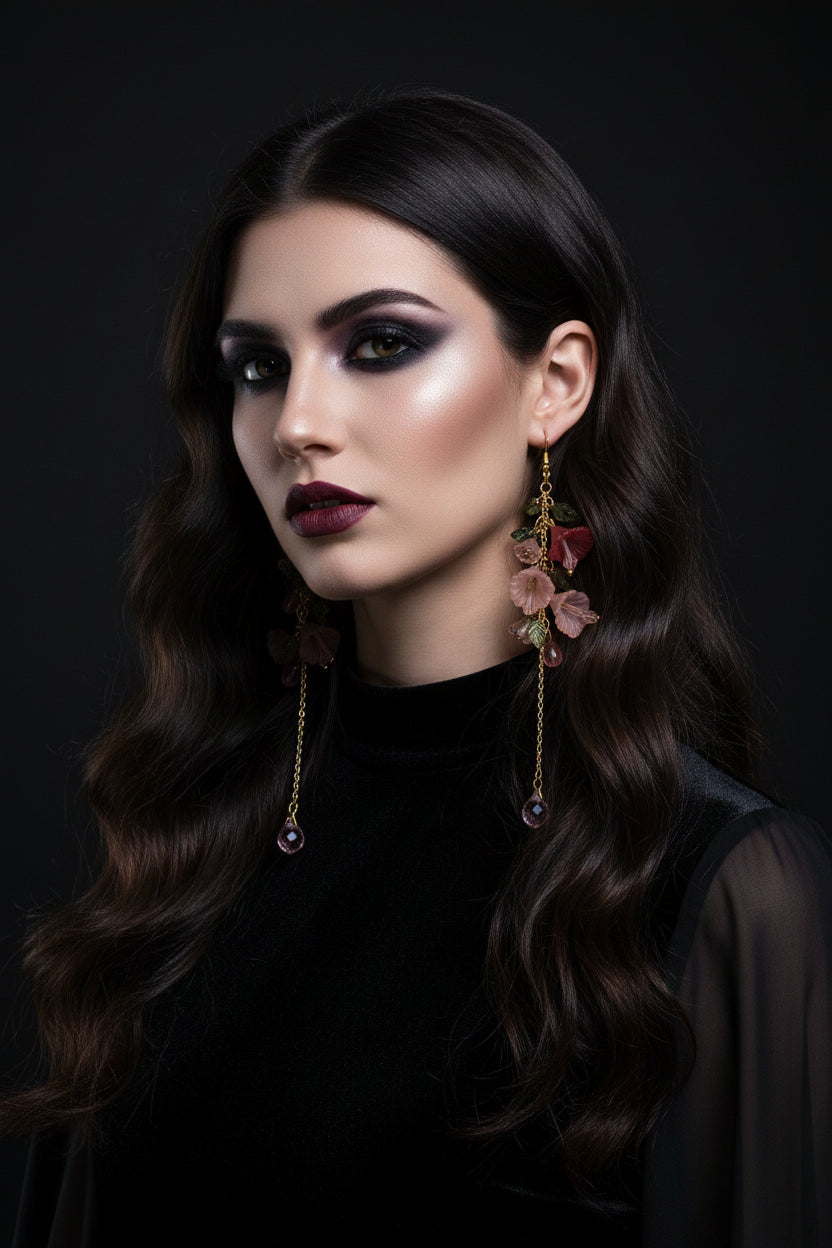 Hand-beaded Poison Garden earrings inspired by foxglove, wolfsbane, belladonna, datura, henbane and lily of the valley. Beautifully deadly botanical jewelry.
