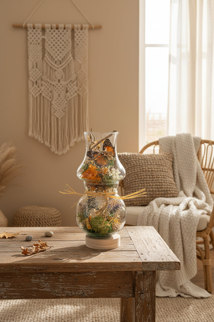 Glass hurricane lantern with a real butterfly, dried autumn flowers, and twigs. A glowing botanical woodland display handcrafted by KStonely.