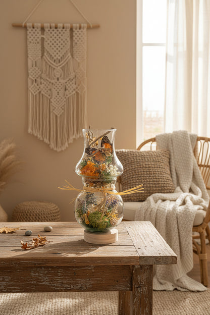 Glass hurricane lantern with a real butterfly, dried autumn flowers, and twigs. A glowing botanical woodland display handcrafted by KStonely.