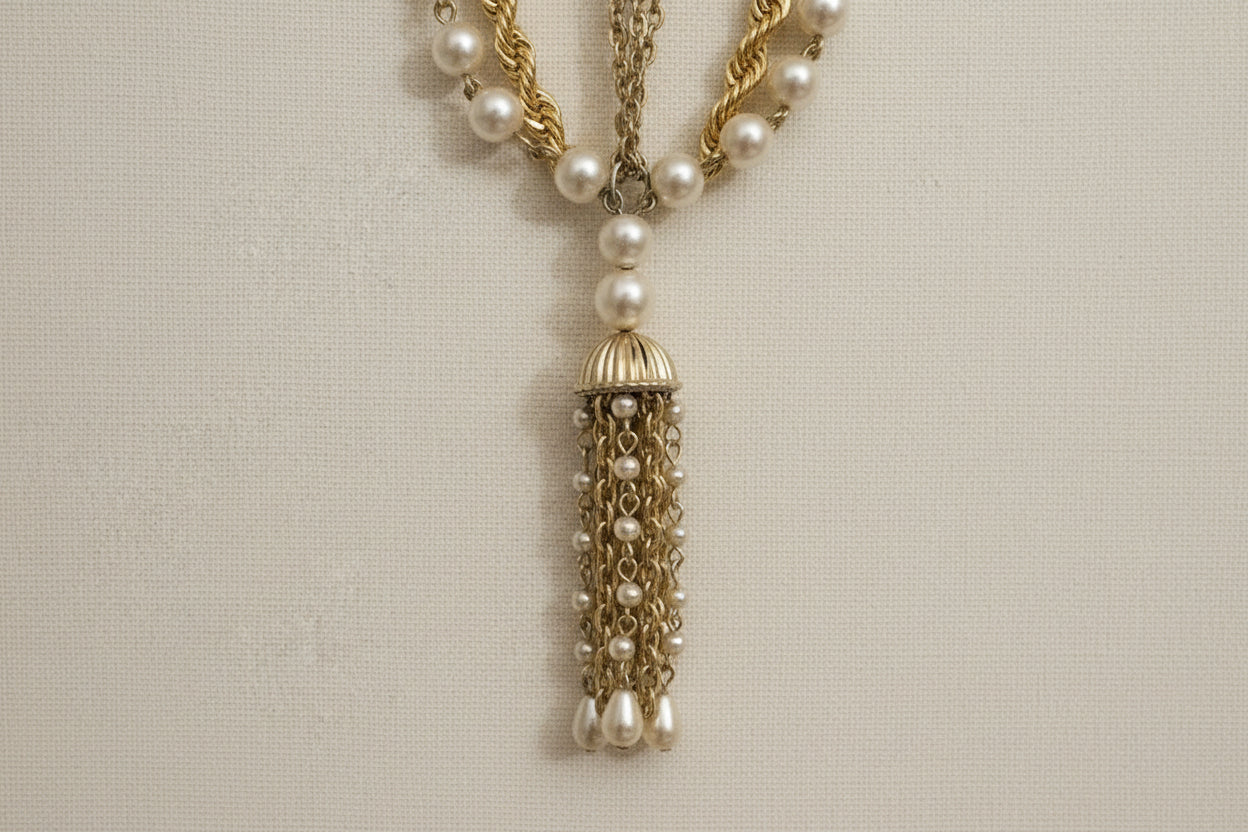 Handcrafted gold and pearl layered necklace by KStonely featuring cascading chains and tassel detail. Elegant, artistic, and truly one of a kind