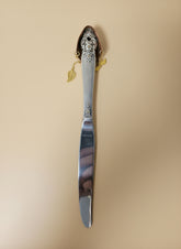 Handcrafted silverware birdhouse plant stake by KStonely. Upcycled, hand-painted, and beaded—whimsical cottagecore décor perfect for adding charm to any plant.