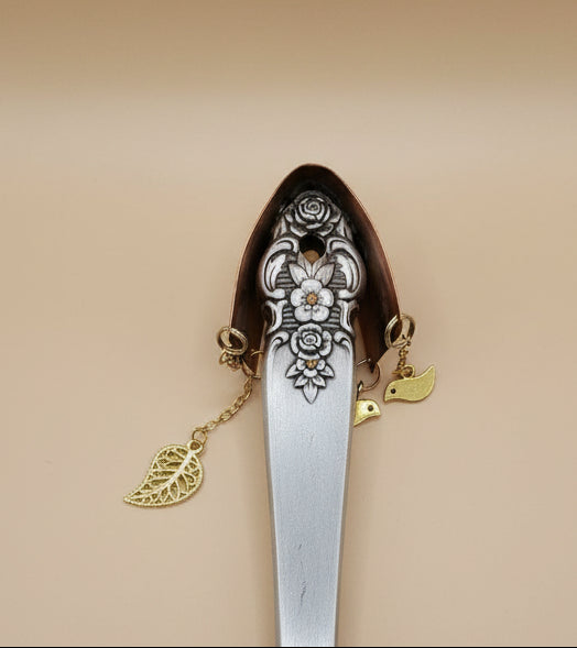 Handcrafted silverware birdhouse plant stake by KStonely. Upcycled, hand-painted, and beaded—whimsical cottagecore décor perfect for adding charm to any plant.