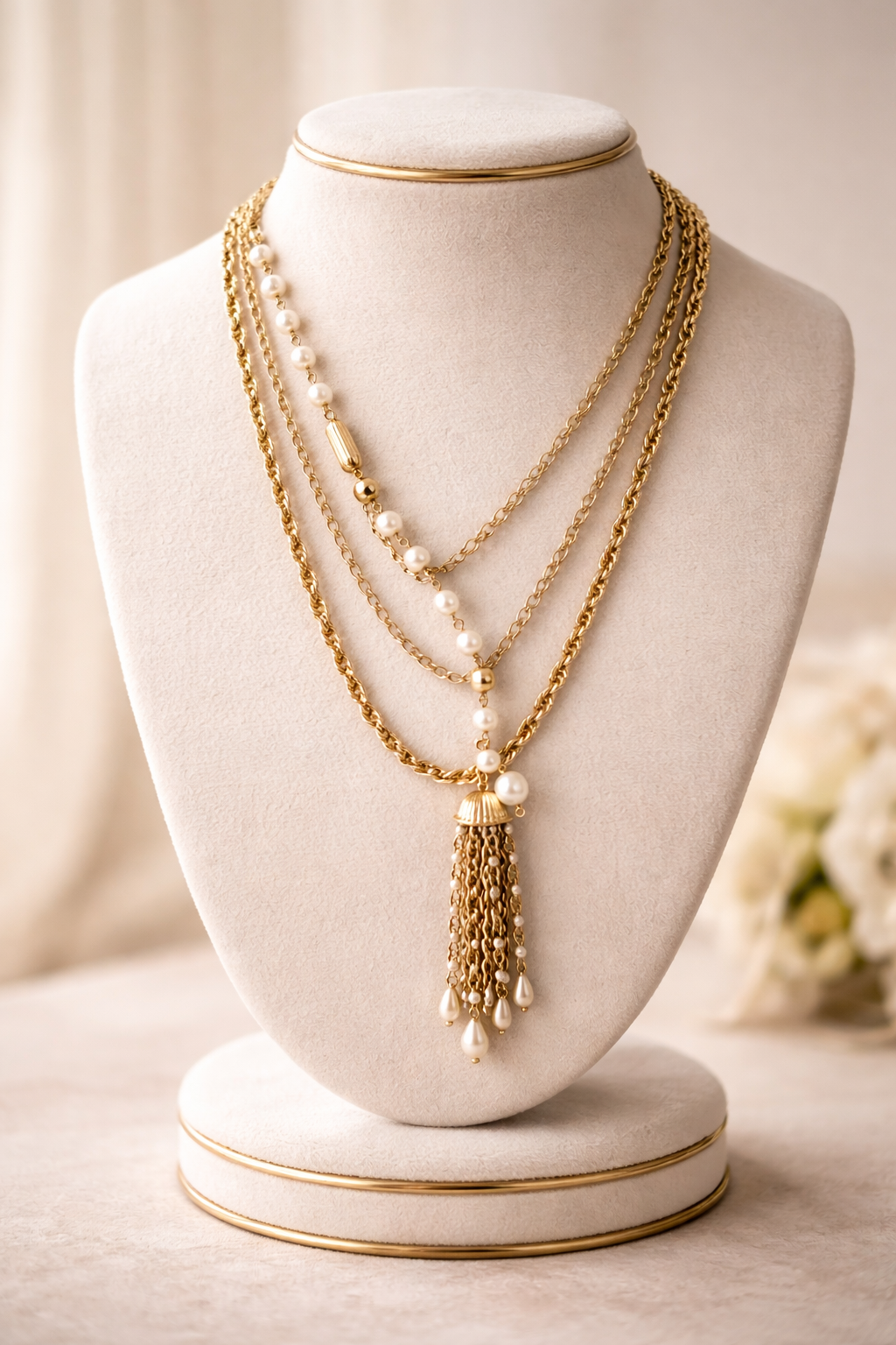 Handcrafted gold and pearl layered necklace by KStonely featuring cascading chains and tassel detail. Elegant, artistic, and truly one of a kind