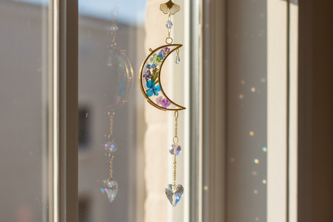 Celestial and delicate, the Golden Moon Floral Suncatcher captures the quiet magic of sunlight and nature in one luminous piece. 