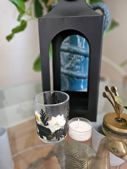 Botanical black fairy lantern with real pressed flowers and floral-scented tea lights. Perfect for witchy rituals, altars, and moody, magical spaces.