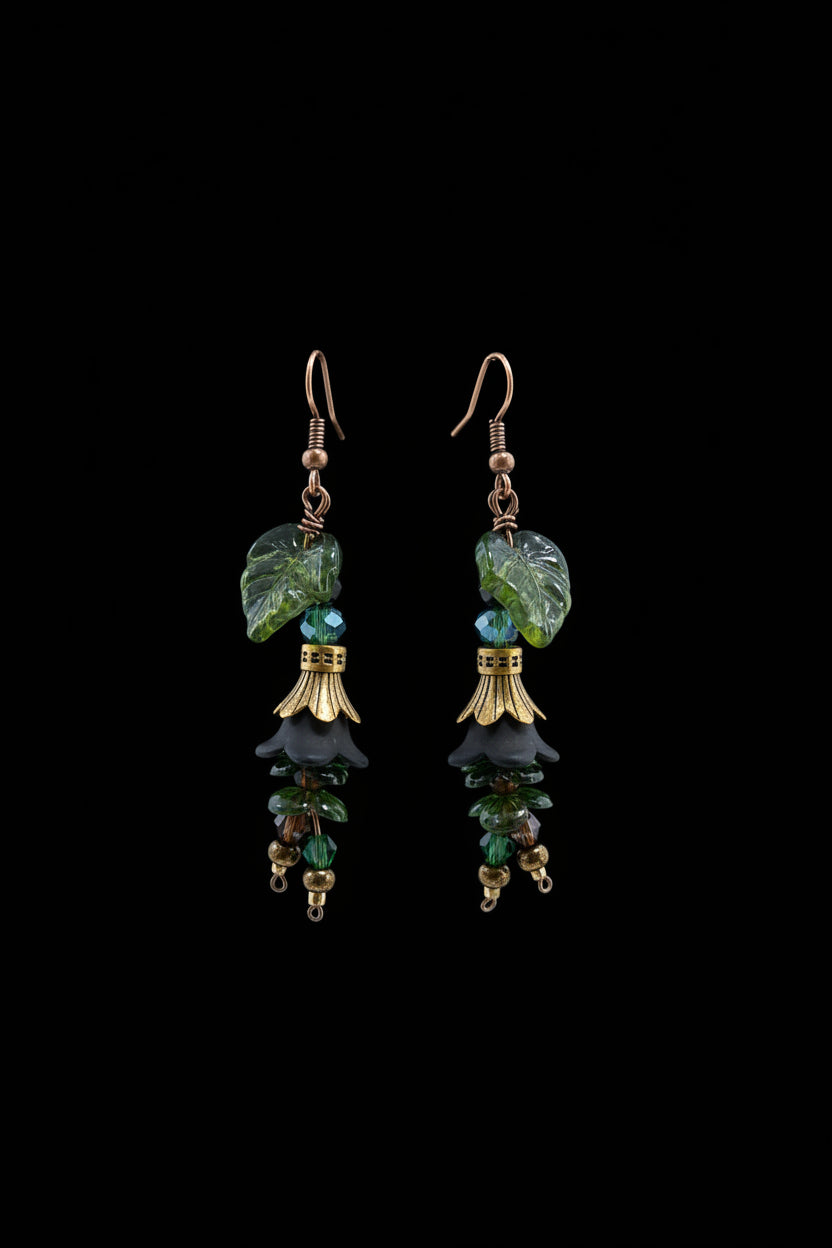 Hand-beaded Poison Garden earrings inspired by foxglove, wolfsbane, belladonna, datura, henbane and lily of the valley. Beautifully deadly botanical jewelry.
