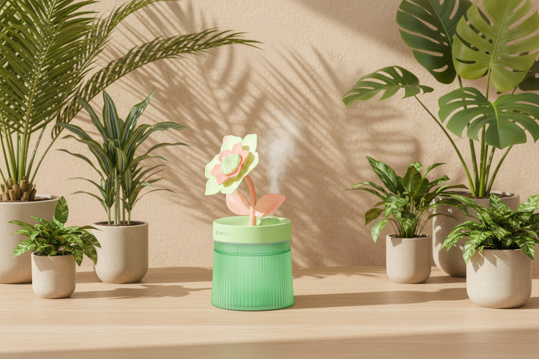 Cute gardenia plant humidifier with cool mist and 7-color night light. Quiet 260ml USB desktop humidifier for houseplants and rooms.