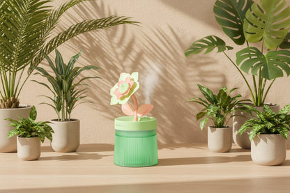 Cute gardenia plant humidifier with cool mist and 7-color night light. Quiet 260ml USB desktop humidifier for houseplants and rooms.