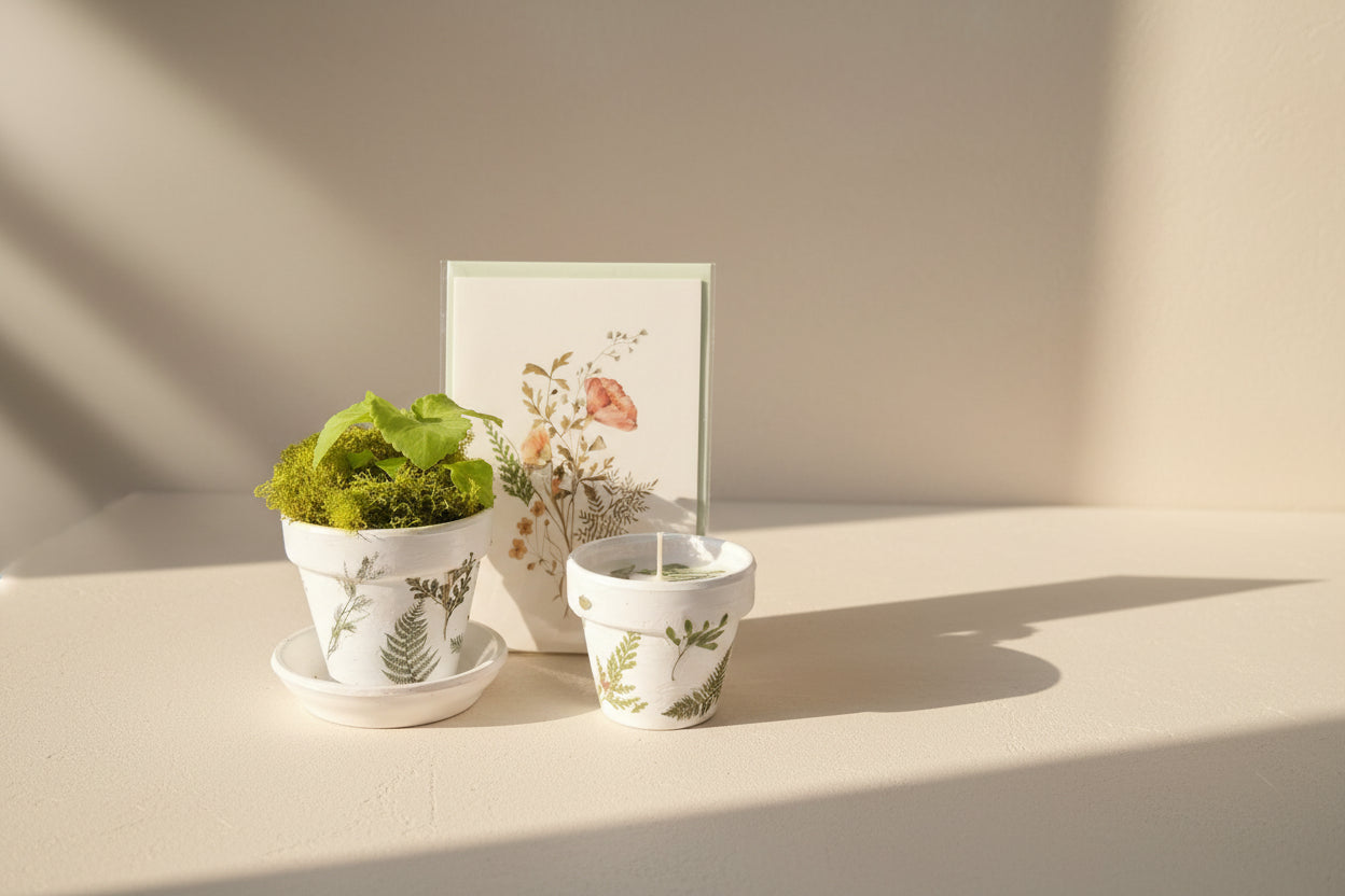 Mother’s Day gift set with live plant, floral terra cotta pot, soy coconut candle, and pressed flower card