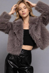 Notched Collar Faux Fur Crop Jacket with plush texture, single-button closure and chic cropped fit. A cozy, stylish layer for casual or evening looks.