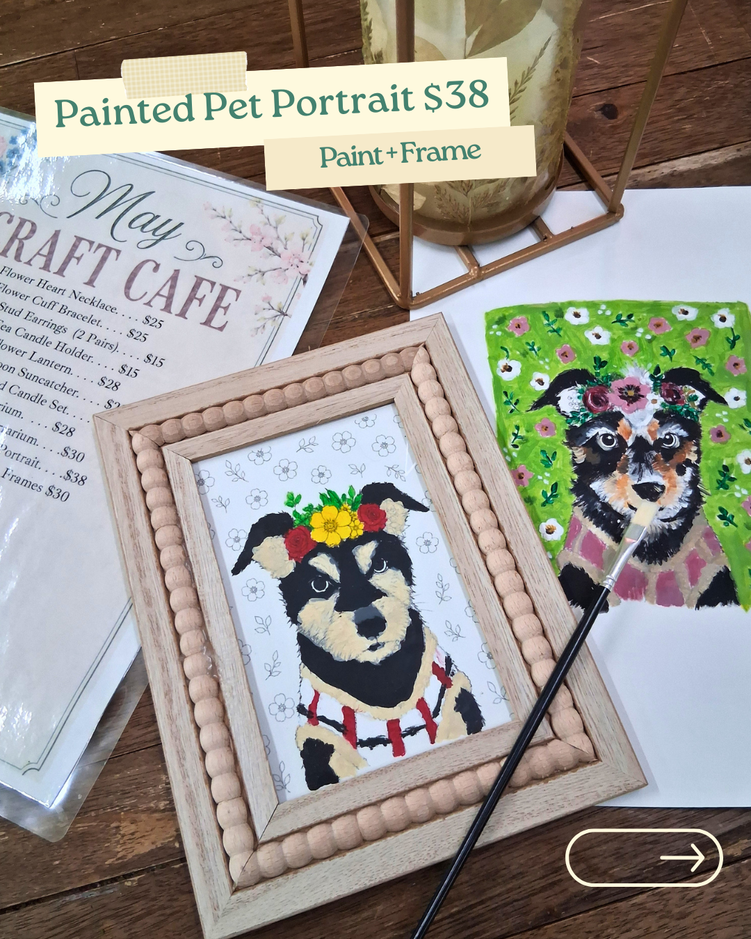 Create a hand-painted pet portrait at Jungle Relics. Includes a pre-sketched canvas, frame, supplies, tea, and guided instruction. No experience needed.