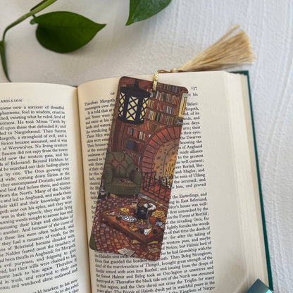 Hand-illustrated &quot;Cozy Hobbit Nook&quot; bookmark on premium textured paper. A perfect literary escape for fantasy lovers and cozy reading moments