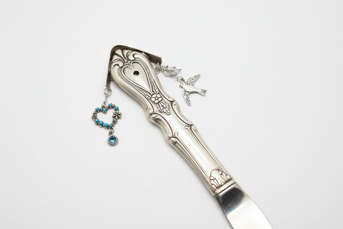 Handcrafted birdhouse plant stake made from the collectible Sweetheart vintage silverware pattern. Whimsical, heirloom décor for indoor plants