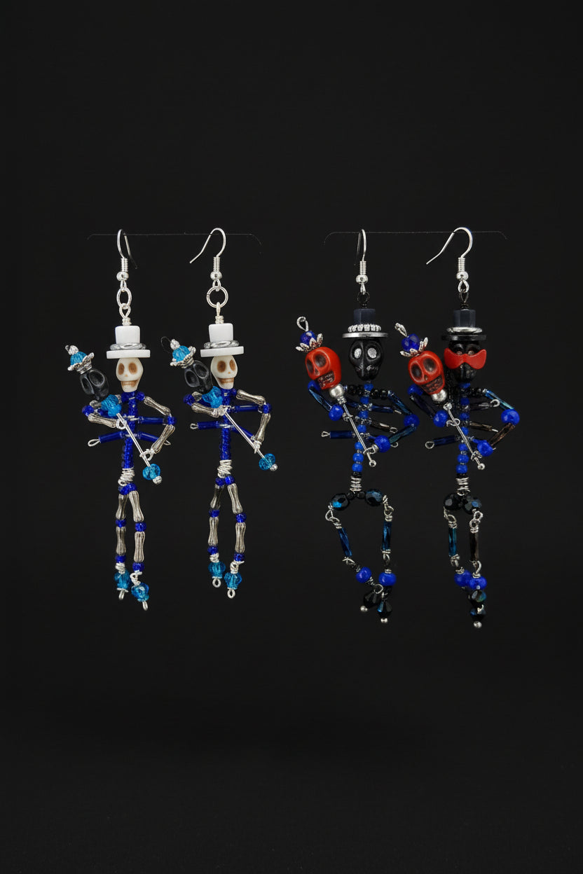 Handcrafted beaded skeleton earrings featuring colorful skulls, seed beads &amp; dangling details. Whimsical, spooky statement jewelry with unique charm.