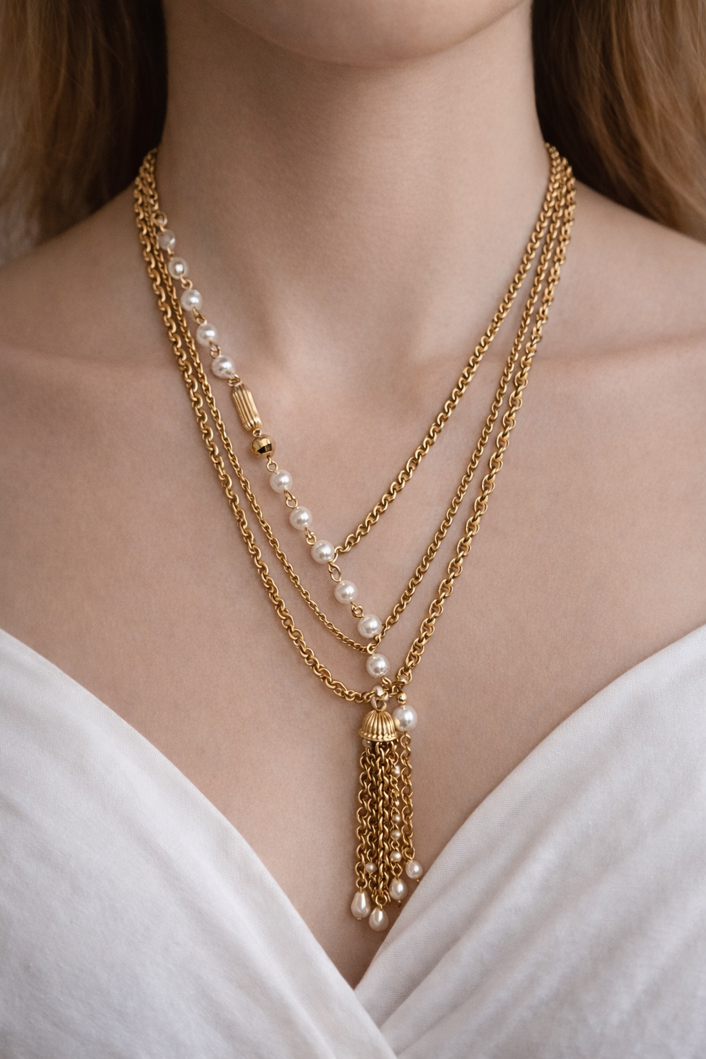 Handcrafted gold and pearl layered necklace by KStonely featuring cascading chains and tassel detail. Elegant, artistic, and truly one of a kind