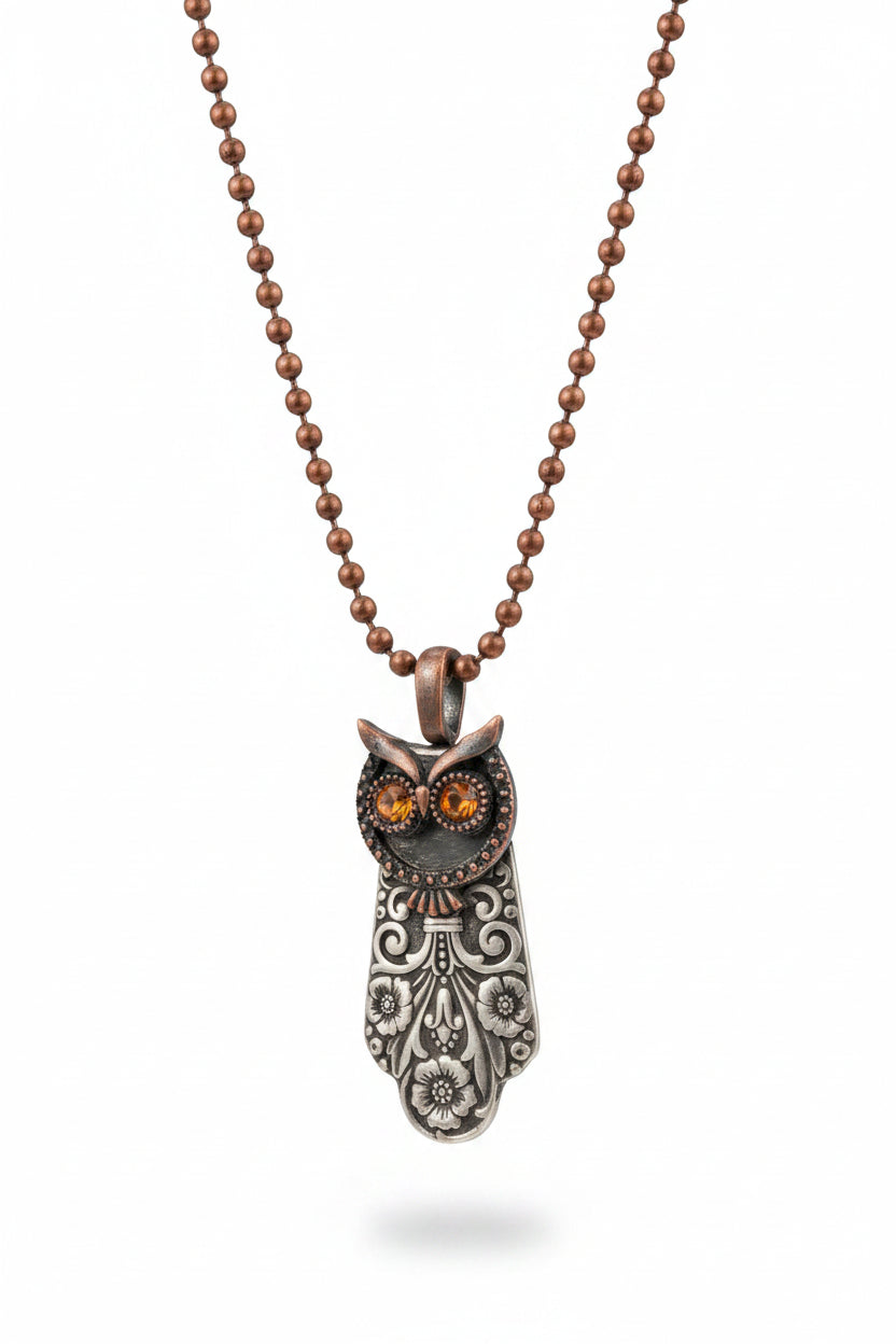 Handcrafted owl pendant made from vintage silverware. A whimsical, one-of-a-kind necklace symbolizing wisdom—perfect for owl lovers and vintage jewelry fans.